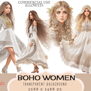 Boho Mujeres CLIPART archivos PNG, Uso comercial, Fondo transparente, Lindo vestido gitano Boho Shabby Chic Vintage Lady Teen Junk Journal