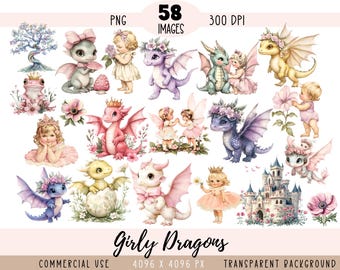 Fichiers Girly Dragons CLIPART PNG, créature magique fantastique de conte de fées, petite princesse fée, utilisation commerciale, fond Transparent