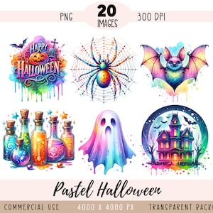 Könnte beinhalten: Ein Set mit 20 pastellfarbenen Halloween-Clipart-Bildern. Die Bilder beinhalten ein Spinnennetz mit einer Spinne, eine Fledermaus, ein Gespenst, ein Spukhaus, Zaubertrankflaschen und einen Kürbis mit dem Text "Happy Halloween".