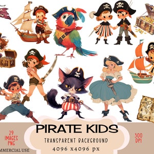 Könnte beinhalten: Eine Sammlung von Cartoon-Piratenfiguren, darunter Kinder, ein Papagei und eine Katze, die alle Piratenhüte tragen und Schwerter halten. Das Bild enthält ein Piratenschiff, Schatztruhen und eine Karte. Der Text "PIRATE KIDS" wird angezeigt.