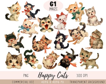 Fichiers PNG CLIPART Happy Cats, sympathiques chatons, chatons de style vintage, usage commercial, fond transparent