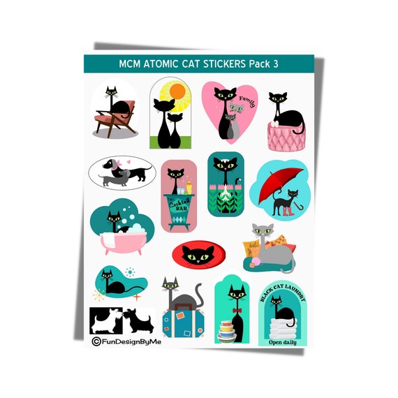 JPG File Mid Century Modern Atomic Cat STICKERS, Downloadable Printable MCM 1950s Fifties Retro Cats Mom Gift 50s Style Instant Download Mod