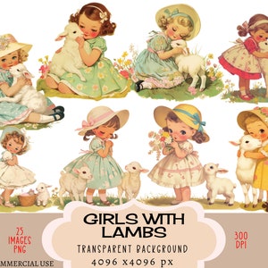 Filles de Pâques avec des fichiers PNG CLIPART d'agneau à usage commercial Fond transparent rétro vintage moutons animaux de la ferme robe de printemps chapeau Junk Journal