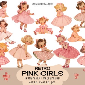 Retro Rosa Mädchen CLIPART PNG-Dateien Kommerzielle Nutzung Transparenter Hintergrund Vintage Kleid Pastell Petticoat Kleine Blonde Brünett Junk Journal