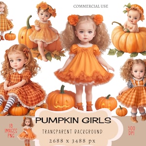 Archivos PNG CLIPART de chicas calabazas Uso comercial Fondo transparente Otoño Halloween Cosecha Cuadros Vestido naranja Traje Acción de gracias