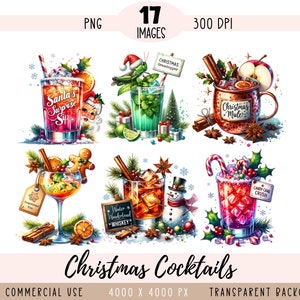 Fichiers PNG CLIPART de cocktails de Noël, sublimation de boisson, aquarelle, alcool, bière, liqueur, spiritueux, soda, utilisation commerciale, fond transparent