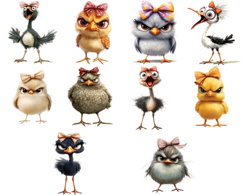 Grumpy Birds CLIPART PNG File, Whimsical Funny Sublimation, Angry Crazy ...