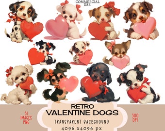 Fichiers PNG CLIPART Saint-Valentin chiens à usage commercial Fond transparent chiot vintage rétro chiot mignon noeud années 50 rouge coeur rose amour indésirable journal