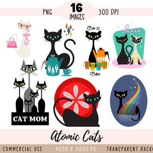 Atomic Cat CLIPART PNG-Dateien, moderne Sublimation der Mitte des Jahrhunderts, Retro 50er Jahre schwarzes Kätzchen, MCM 1950er Jahre Kätzchen, kommerzielle Nutzung transparenter Hintergrund