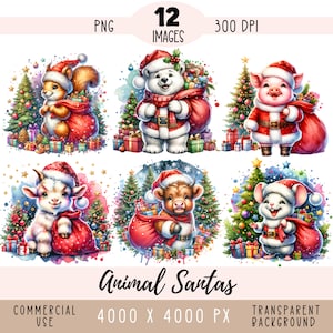 Zwierzęta świąteczne CLIPART PNG plik, Niedźwiedź polarny Mikołaj Sublimacja, Akwarela Mikołaj Świnka Słodki Lis Komercyjne użycie Przezroczyste tło