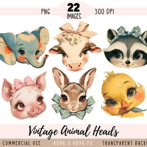 fichiers CLIPART PNG de têtes d'animaux vintage, sublimation de vache, canard lapin écureuil âne hippopotame éléphant, usage commercial, fond transparent