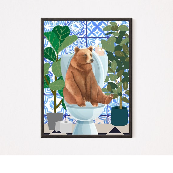 INSTANT DOWNLOAD Bear Sitting on Toilet Art Print Bathroom Etsy