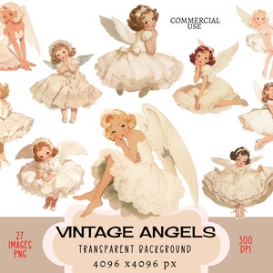 Vintage Angels CLIPART PNG archivos Uso comercial Fondo transparente Lindas chicas retro vestido de encaje blanco arrodillado orando diario basura