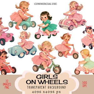 Chicas conduciendo coches de juguete CLIPART PNG Archivos Uso comercial Fondo transparente Retro Vintage Triciclo Scooter Niño jugando Diario basura