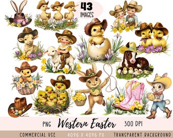 Fichier PNG CLIPART Western Easter, sublimation de poulet cowboy, lapin de Pâques campagnard