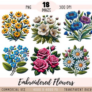 May include: 18 digital illustrations of embroidered flowers in various colors and styles, including yellow, blue, pink, and white. The flowers are on a transparent background.