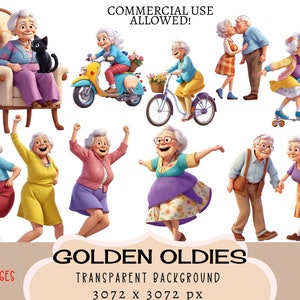 Retired People CLIPART PNG Files, Commercial use, Transparent background Senior Citizen Old Women Men Dancing Golden Years Cat Junk Journal