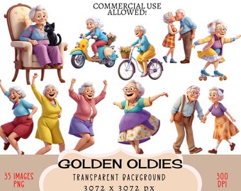 Rentner CLIPART PNG-Dateien, kommerzielle Nutzung, transparenter Hintergrund Senioren alte Frauen Männer tanzen goldene Jahre Katze Junk Journal
