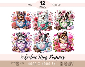 Chiot de la Saint-Valentin dans des fichiers PNG CLIPART de tasse, sublimation de petit chien mignon, citation d'amour doux, usage commercial fond Transparent journal indésirable