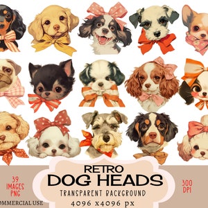 Fichiers PNG CLIPART de têtes de chien rétro à usage commercial Fond transparent vintage chiot noeud des années 50 blanc noir Shih tzu Yorkie Junk Journal bricolage