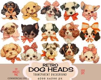 Retro Hundeköpfe CLIPART PNG Dateien Kommerzielle Nutzung Transparenter Hintergrund Vintage Welpe Bogen 50er Jahre Weiß Schwarz Shih Tzu Yorkie Junk Journal DIY