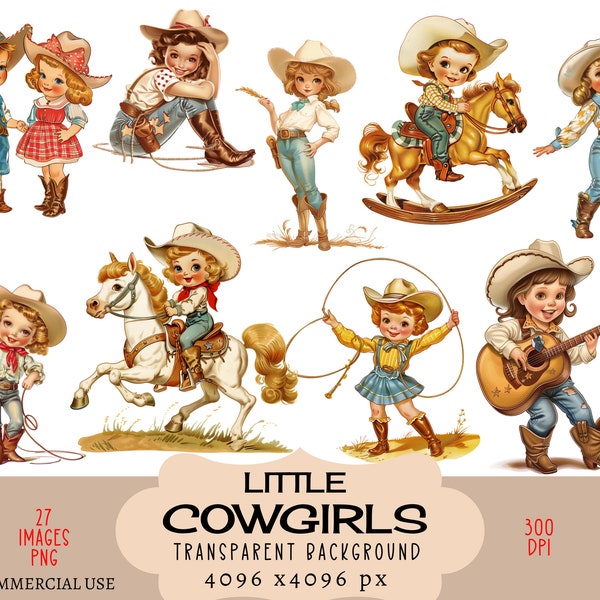 Cowgirls CLIPART PNG files Commercial use Transparent background Retro 50s Horse Lasso Hat Guitar Vintage Little Girl Country Junk Journal