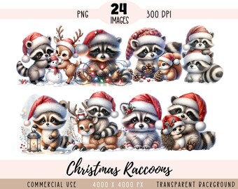Fichiers CLIPART PNG de Noël raton laveur, sublimation d'animaux de la forêt de Noël, renne du père Noël