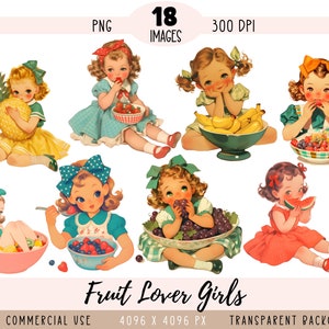 Fichiers PNG Fruit Lover Girls CLIPART, sublimation enfants vintage, baies fruitariennes, vitamine C, agrumes, usage commercial, fond transparent