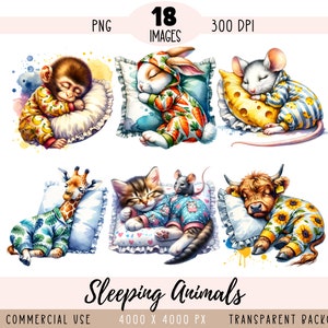 Animali addormentati CLIPART file PNG, pigiama sublimazione, pigiama da notte scimmia coniglio topo gatto giraffa uso commerciale sfondo trasparente