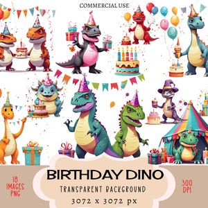Geburtstag Dino CLIPART PNG-Dateien, kommerzielle Nutzung, transparenten Hintergrund Dinosaurier Partyhut T-Rex Kuchen Kinder kleiner Junge Ballon Junk Journal