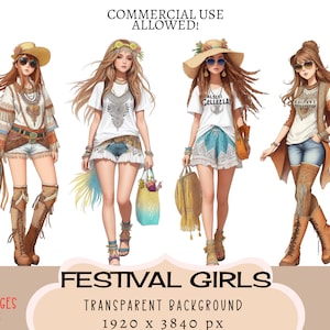 Festival Girls CLIPART PNG-Dateien, kommerzielle Nutzung, transparenter Hintergrund Junge Frauen Sommer Musikveranstaltung Boho Kleidung Ethno Junk Journal