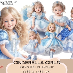 Cinderella Girls CLIPART PNG-Dateien Kommerzielle Nutzung Transparenter Hintergrund Prinzessin Outfit Kostüm Blonde Nette Aufkleber Junk Journal Planer