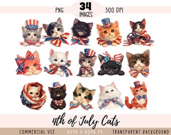 Fichiers PNG CLIPART 4 juillet chats, têtes de chaton patriotiques, chatons vintage, chats américains, usage commercial, fond transparent