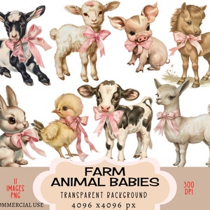 Animaux de la ferme bébé Fichiers PNG CLIPART à usage commercial Fond transparent Arc rose Coquette Vache rurale Chèvre Agneau Cheval Âne Junk Journal