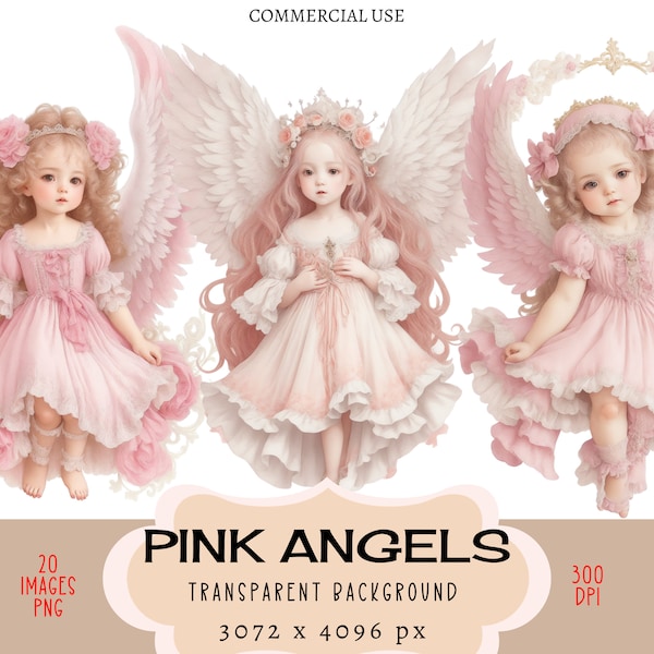 Pink Angels CLIPART PNG Files, Commercial use, Transparent background Cute Little Cherubs Baby Girls Adorable Lovely Kids Child Floral Rose