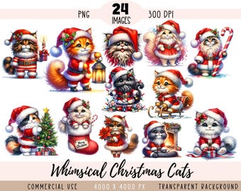Fichier PNG lunatique Noël chats CLIPART, sublimation de père Noël, aquarelle Ragdoll chaton Xmas Kitty tout usage commercial fond Transparent