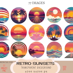 Fichiers PNG CLIPART rétro coucher de soleil à usage commercial fond transparent vintage soleil lever du soleil soirée d'été palmier plage eau indésirable journal