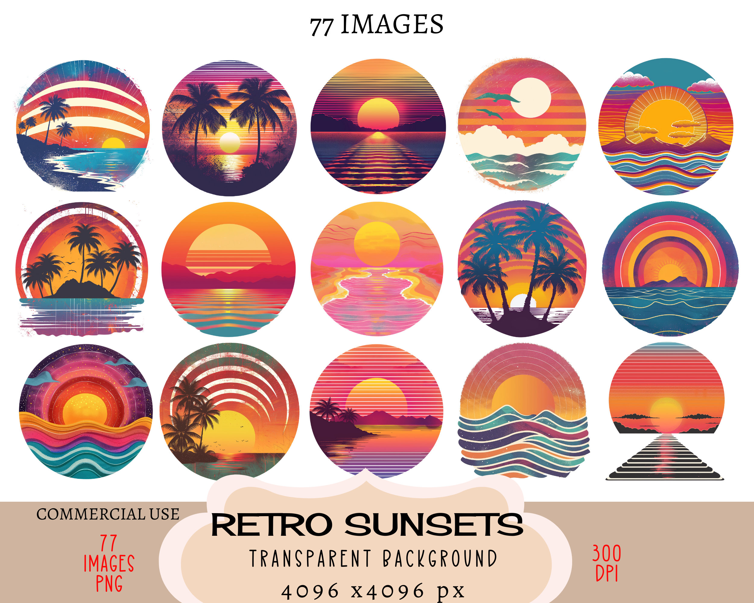 Retro Sunset CLIPART PNG Files Commercial Use Transparent Background ...