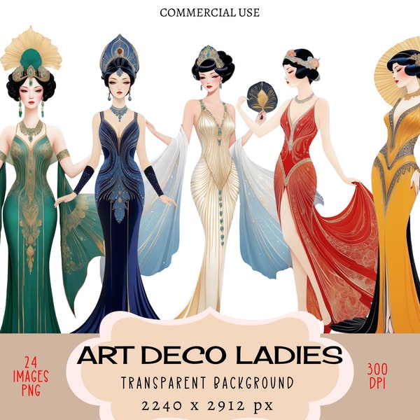 Art Deco Women CLIPART PNG files Commercial use Transparent background Vintage Design Dress Fashion Outfit Lady Girl Female Junk Journal