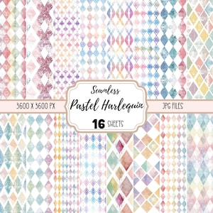 Pode incluir: Um conjunto de 16 padrões de papel digital sem costura com desenhos de diamantes harlequin em cores pastel. Os padrões são de 3600 x 3600 pixels e estão disponíveis como arquivos JPG.