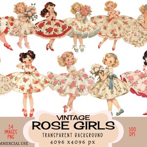 Rose Girls CLIPART PNG-bestanden commercieel gebruik transparante achtergrond retro vintage rood roze bloemenjurk boeket jaren 50 schattig junk Journal