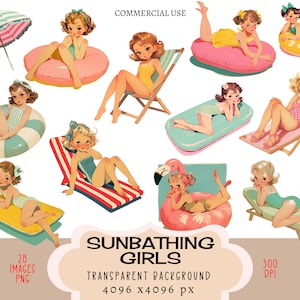 Chicas tomando el sol CLIPART PNG Archivos Uso comercial Fondo transparente Retro Vintage Pastel Beach Bed Sun Lounger Flamingo Junk Journal