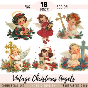 Vintage Weihnachtsengel CLIPART PNG-Datei, Retro christlich-katholische Bilder, Kreuzlesebuch Bibel, kommerzielle Nutzung, transparenter Hintergrund