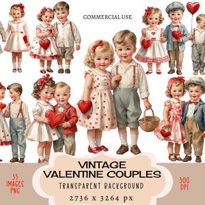 Valentine Couples CLIPART PNG files Commercial use Transparent background Vintage Retro  Little Boys Girls Love Heart Roses Red Junk Journal