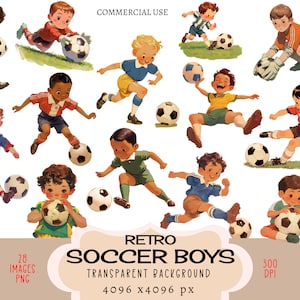 Voetbal jongens CLIPART PNG-bestanden Commercieel gebruik transparante achtergrond Retro jaren 50 Vintage Little Ball Sporting spelen ongewenste dagboek