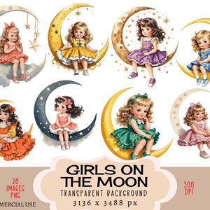 Mädchen auf dem Mond CLIPART PNG Dateien, kommerzielle Nutzung, transparenter Hintergrund Retro Vintage 50er Jahre Fifties 1950er Jahre Sterne Kleid Outfit Junk Journal