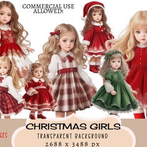 Little Christmas Girls CLIPART PNG files Commercial use Transparent background Red Plaid Party Dress Winter Holidays Stickers Junk Journal