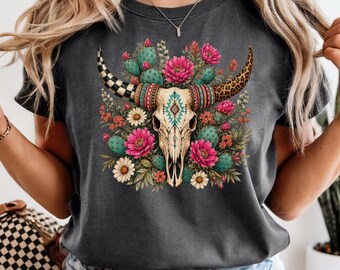 Longhorn Skull PNG file, Western Sublimation, Downloadable Ethnic Cactus Illustration