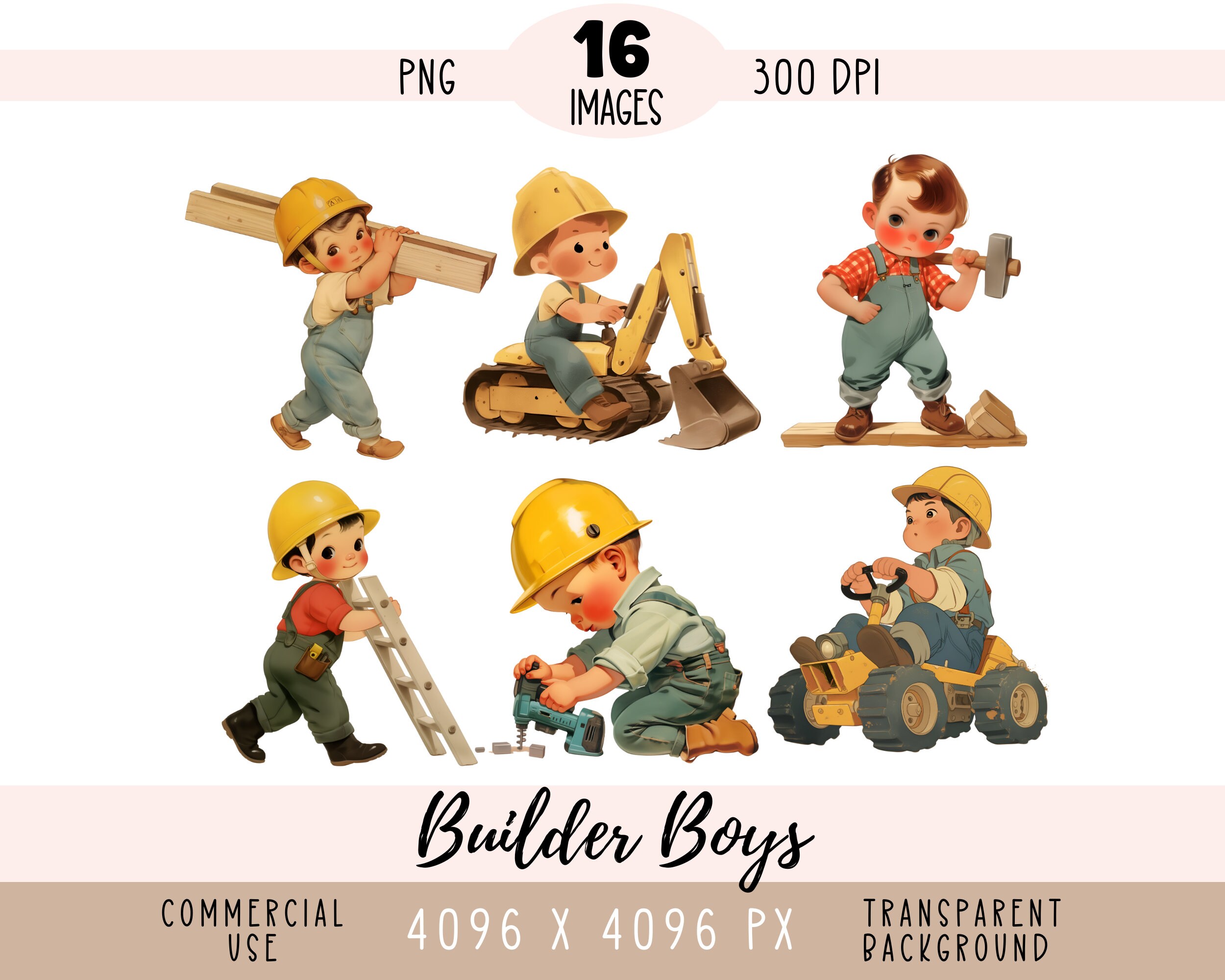 Erbauer Jungen CLIPART PNG-Dateien, Carpenter Sublimation, Retro kleiner Junge, Bauarbeiter Bulldozer Kommerzielle Nutzung Transparenter Hintergrund