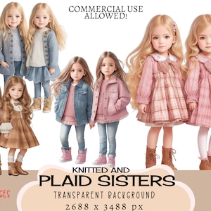 Geruite meisjes zussen CLIPART PNG-bestanden, commercieel gebruik, transparante achtergrond, schattige kleine kinderen gebreide denim jeans herfstjurk ongewenste Journal